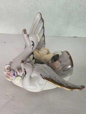 Vintage White w/Gold Trim Porcelain Small Swan w/Baby Flowers Figure